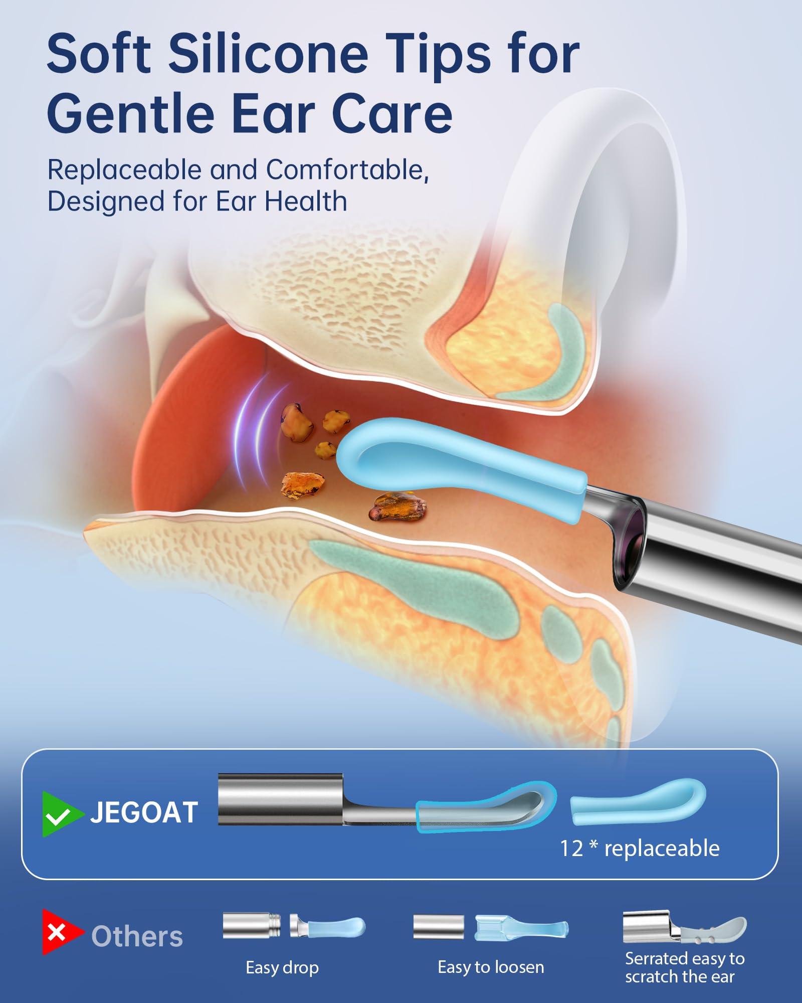 JEGOAT ear cleaner with 6 LED lights illuminates the ear canal for easy removal.