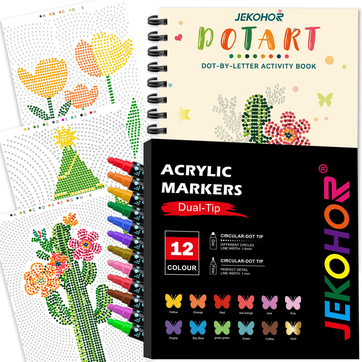 Jekohor coloring book cover with dot art meditation patterns for mindful relaxation.