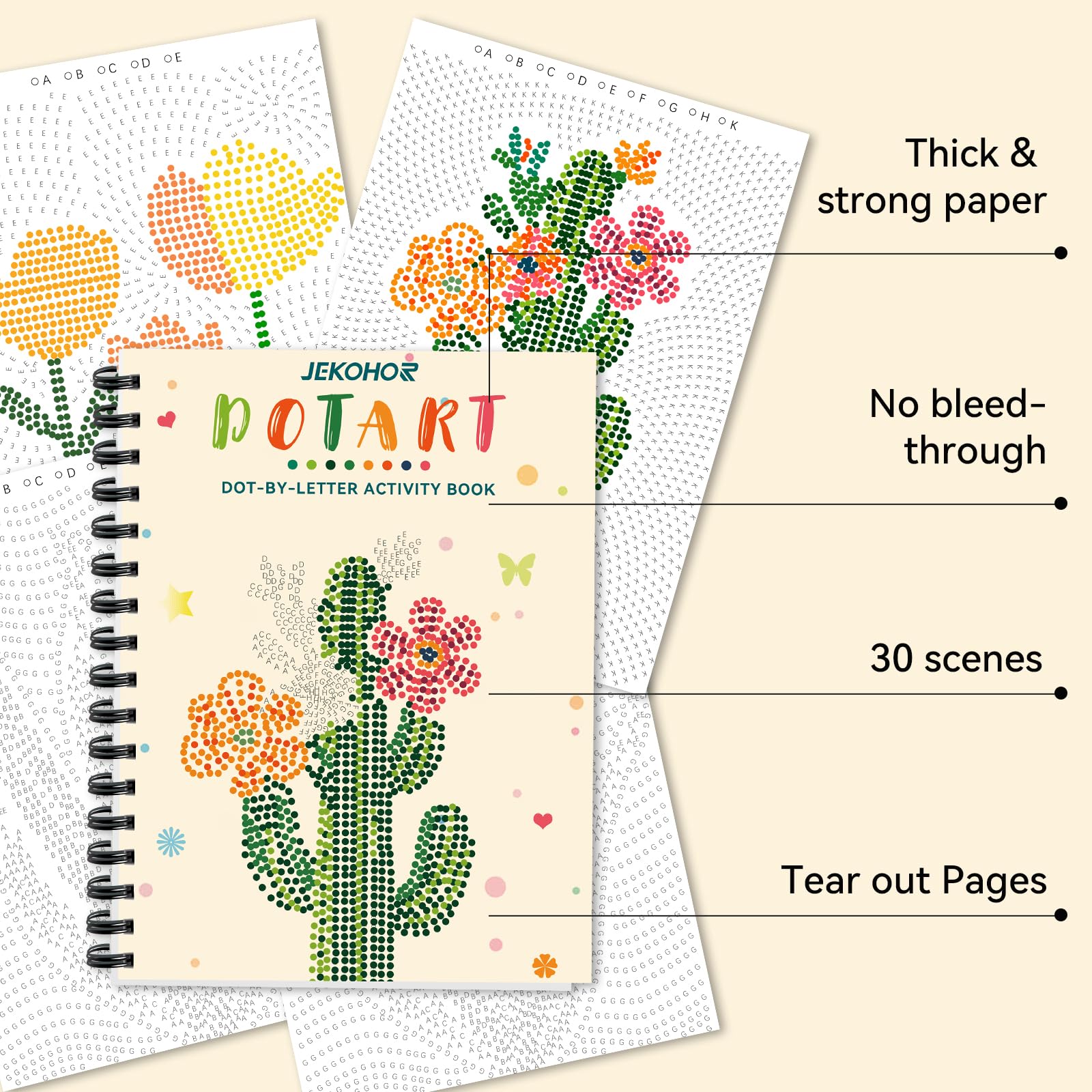 Jekohor Dot Art 30-pattern spread featuring landscapes and animals for stress relief