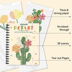 Jekohor Dot Art 30-pattern spread featuring landscapes and animals for stress relief