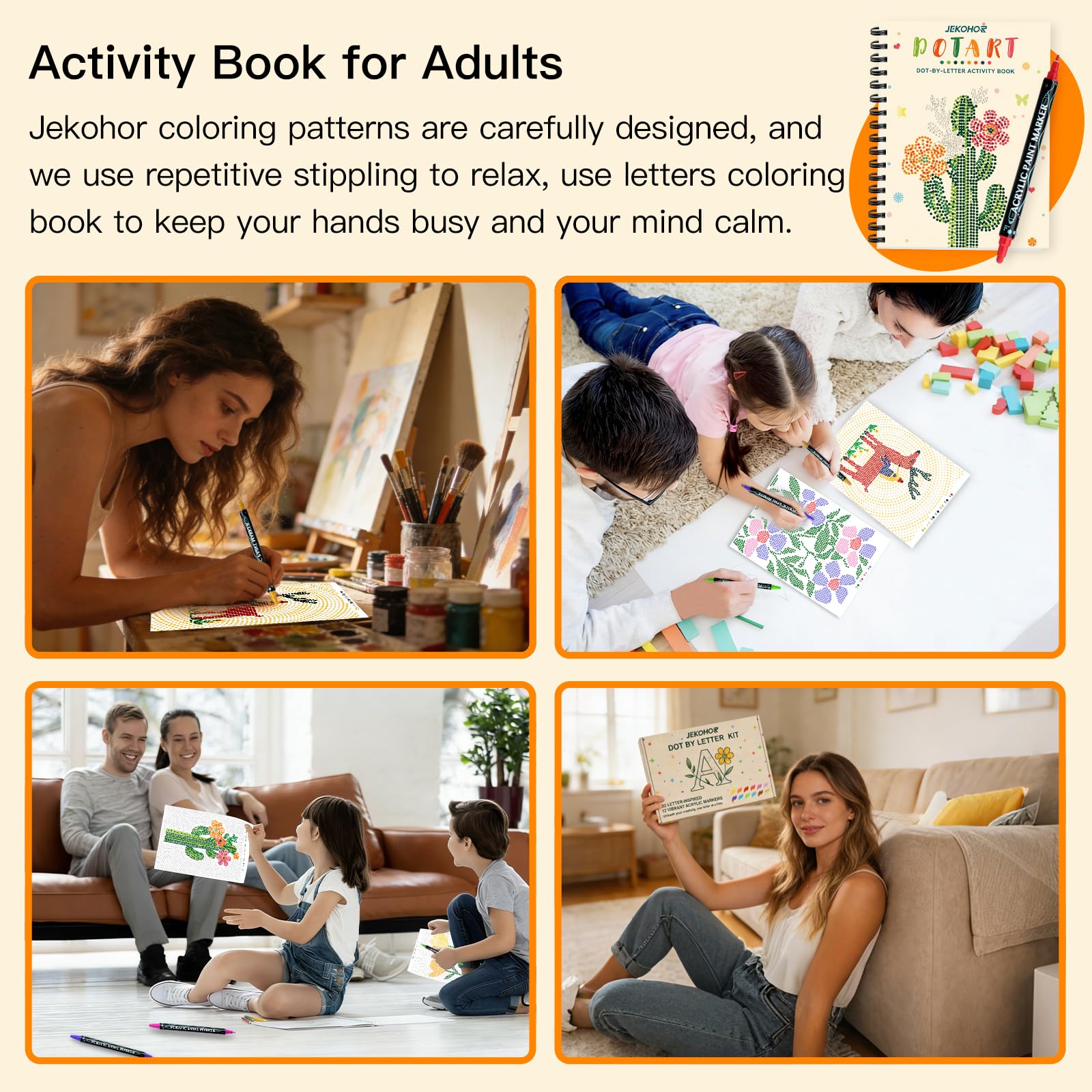 Jekohor Dot Art spiral binding lies flat for comfortable coloring