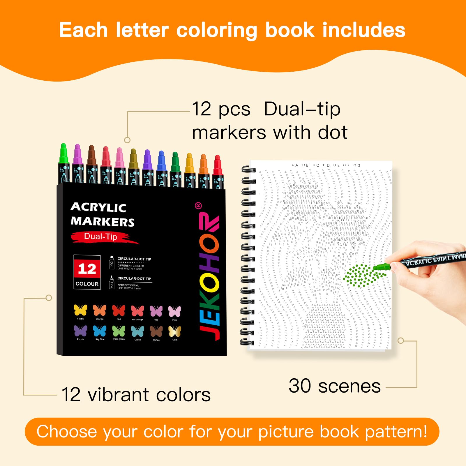 Jekohor dot art markers 12-set shown for vibrant coloring.