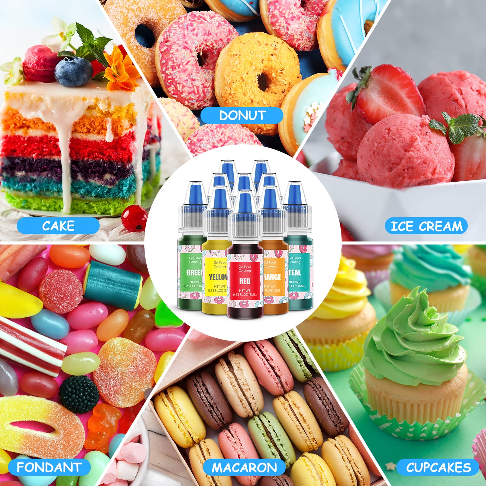 Jelife edible gel colors for cakes, icing, and fondant.