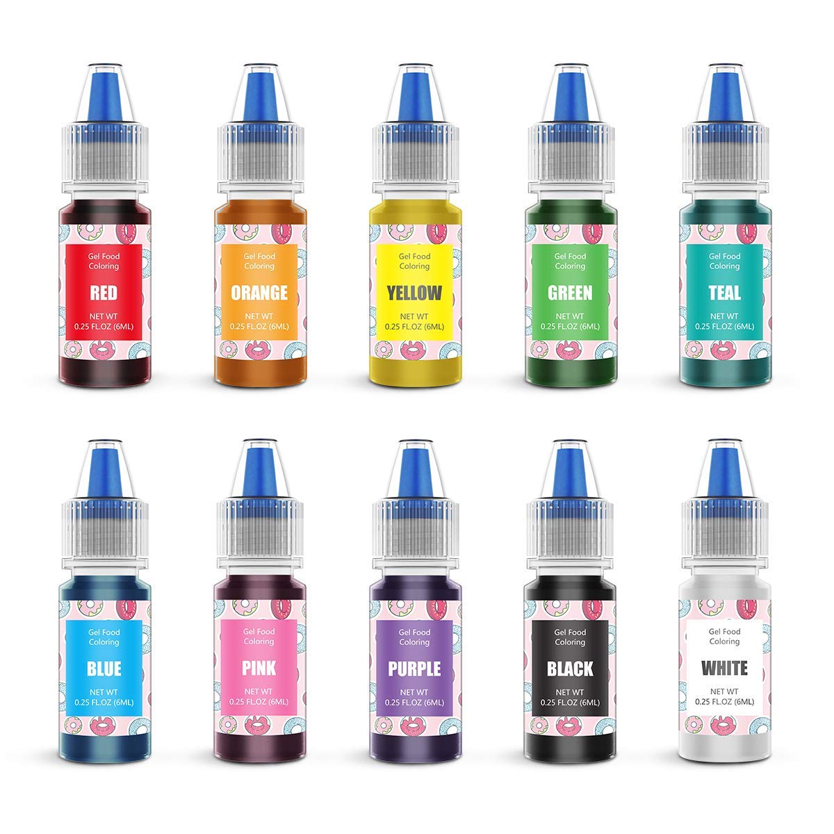 Jelife gel color bottles for vibrant cake decorating and fondant work.