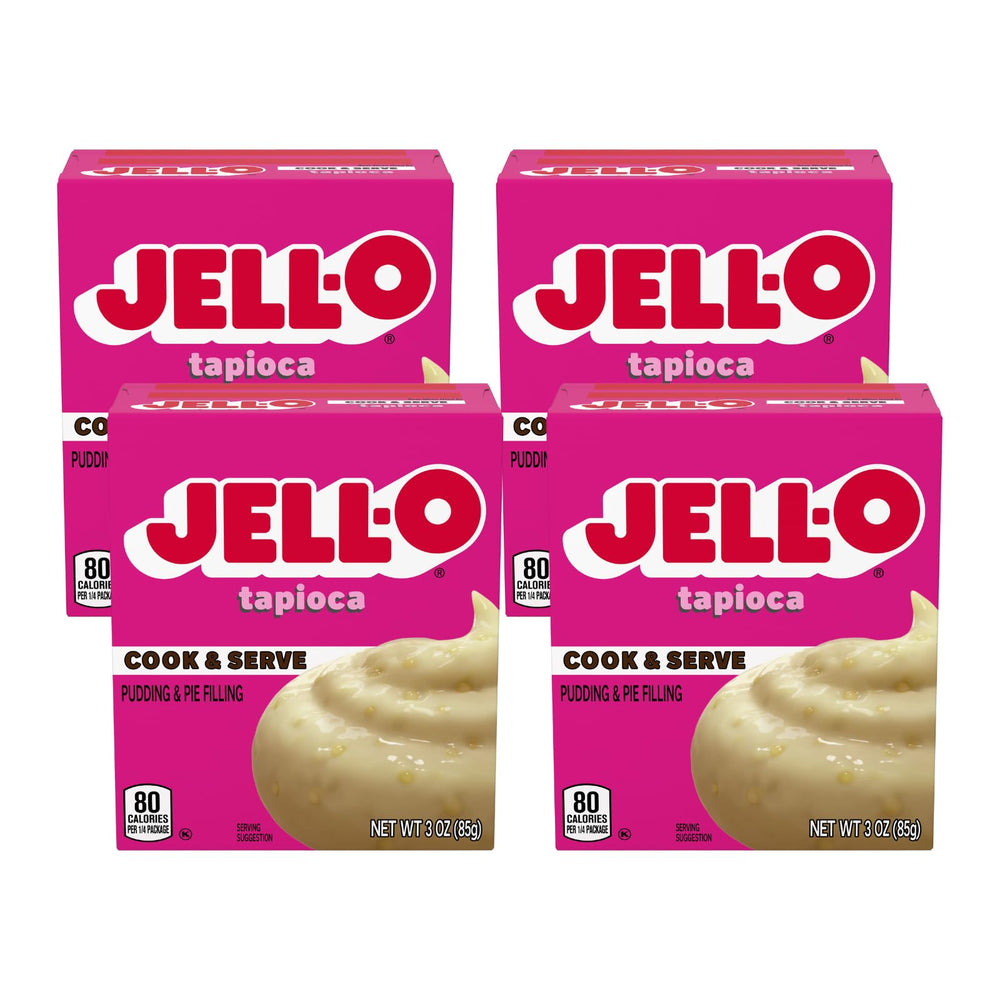 Jell-O Cook & Serve Tapioca pudding mix box front showing four-pack for quick desserts
