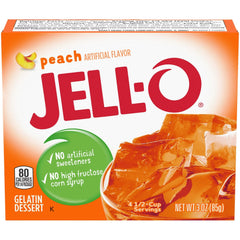 Jell-O Peach Gelatin Mix two-box package, ready for easy desserts.
