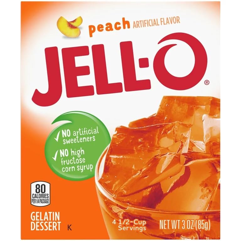 Mixed Jell-O Peach Gelatin in a serving bowl, ready to chill.