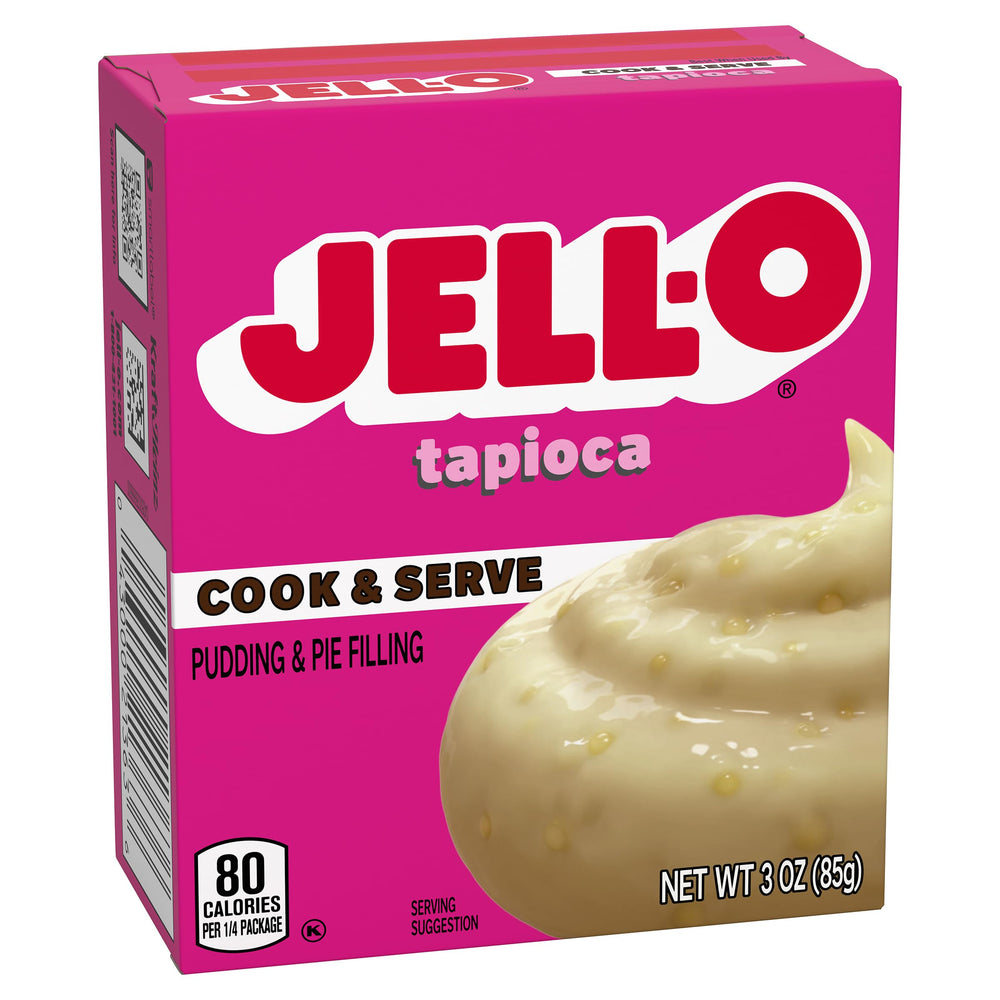 Jell-O Tapioca pudding mix being poured with cold fat-free milk for preparation