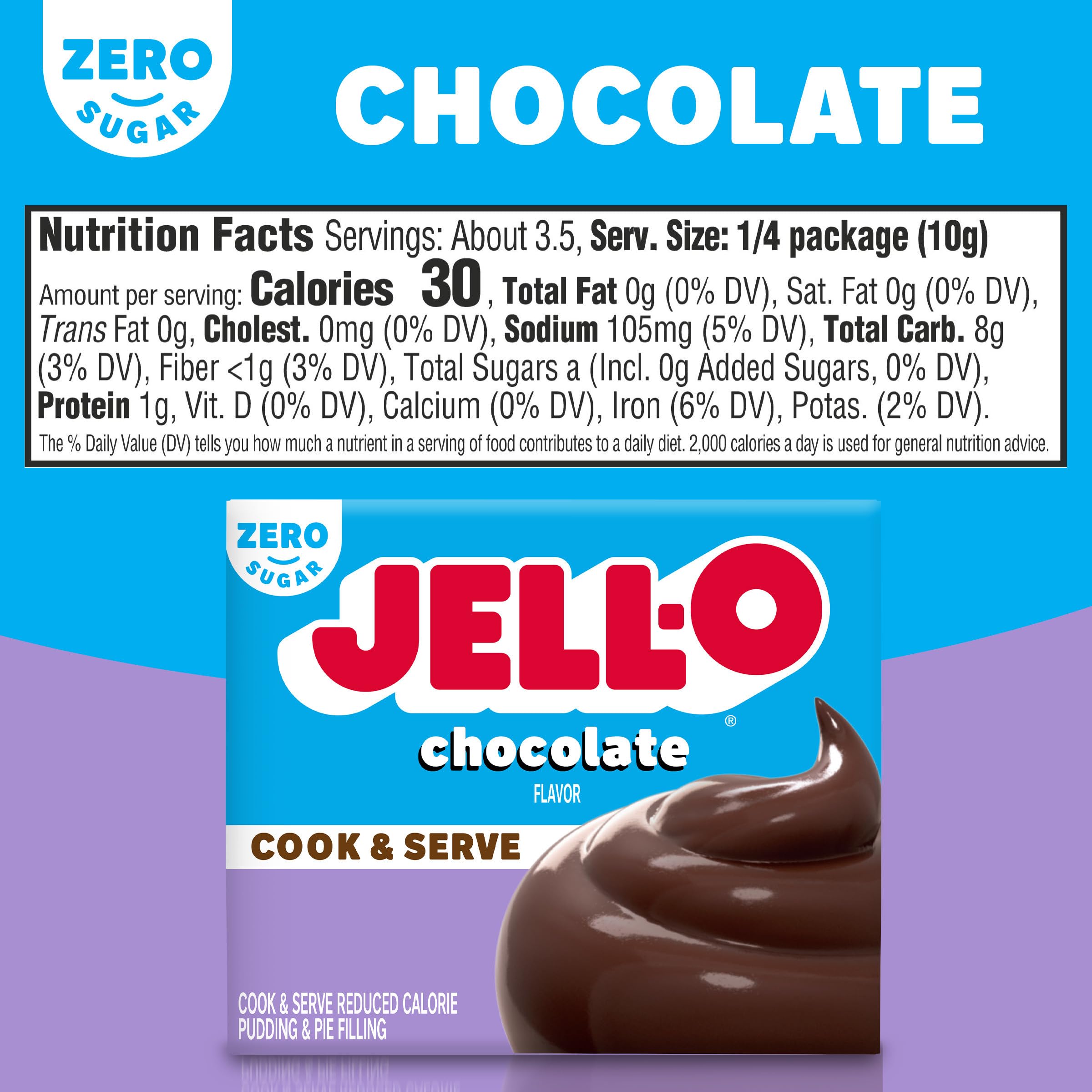 Jell-O Zero Sugar Chocolate Pudding Mix pouch ready for quick stovetop prep