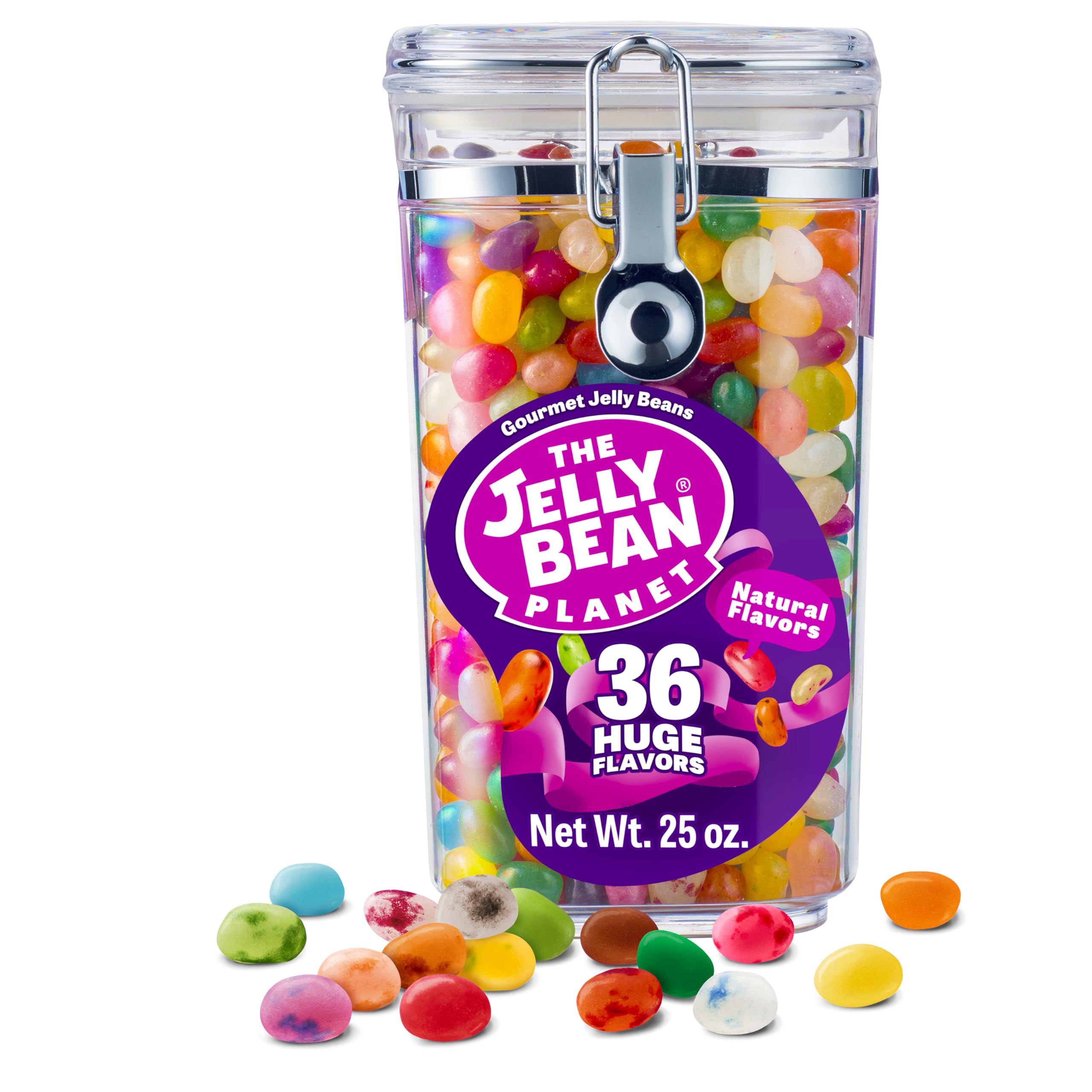 The Jelly Bean Planet gourmet jelly beans in a 25 oz jar with 36 flavors