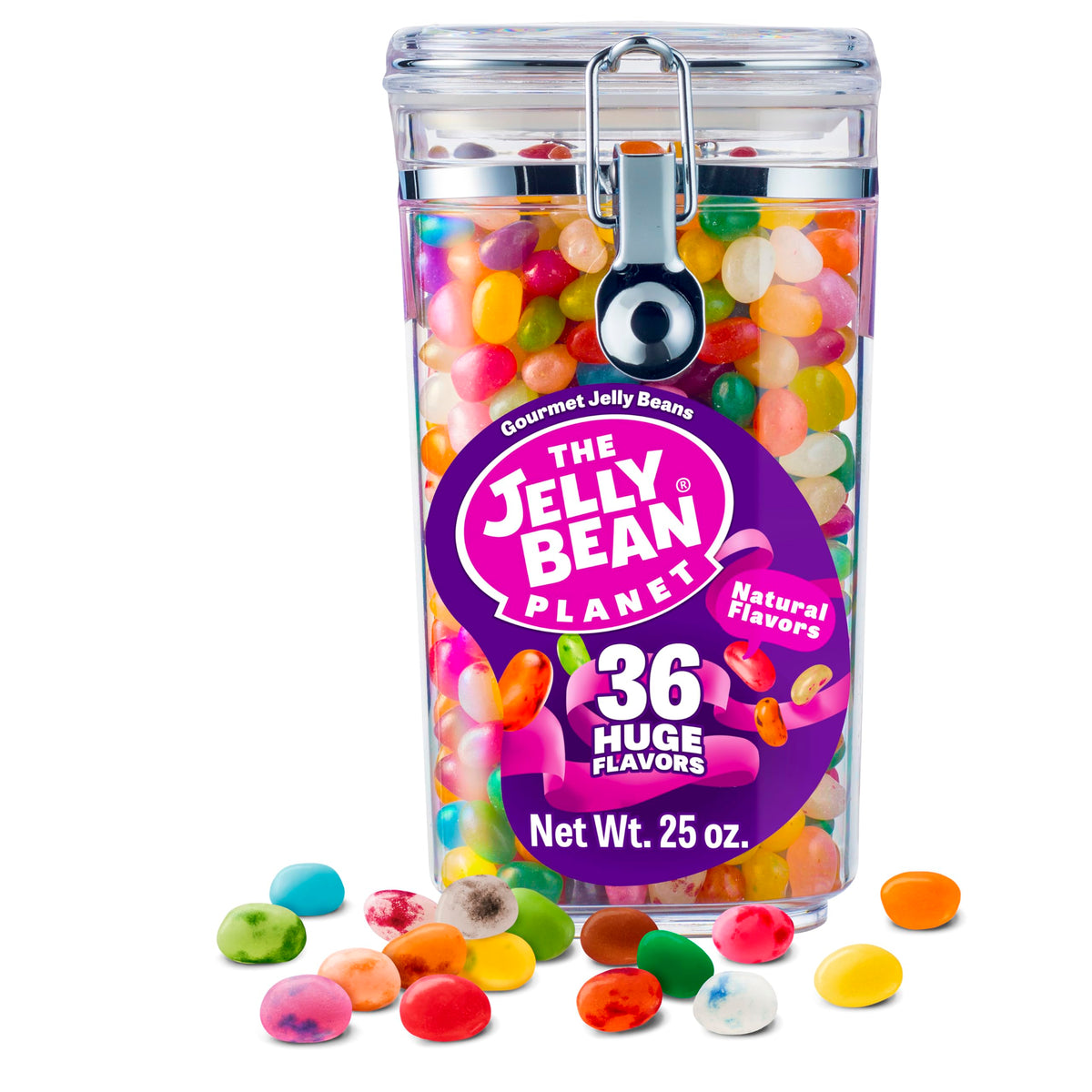The Jelly Bean Planet gourmet jelly beans in a 25 oz jar with 36 flavors