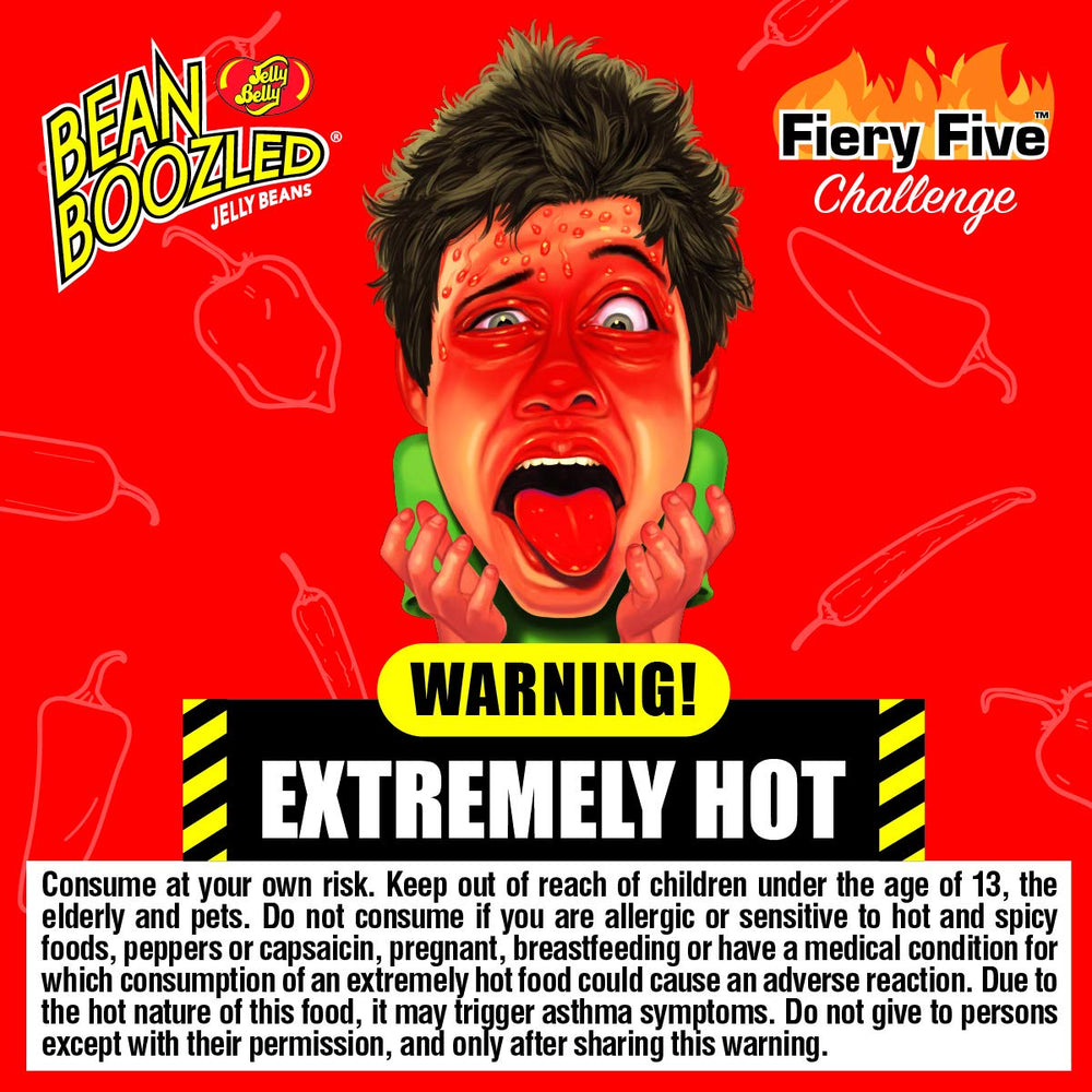 Jelly Belly BeanBoozled Fiery Five bag back highlights caution and flavor details for adventurous tasters.