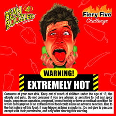 Jelly Belly BeanBoozled Fiery Five bag back highlights caution and flavor details for adventurous tasters.