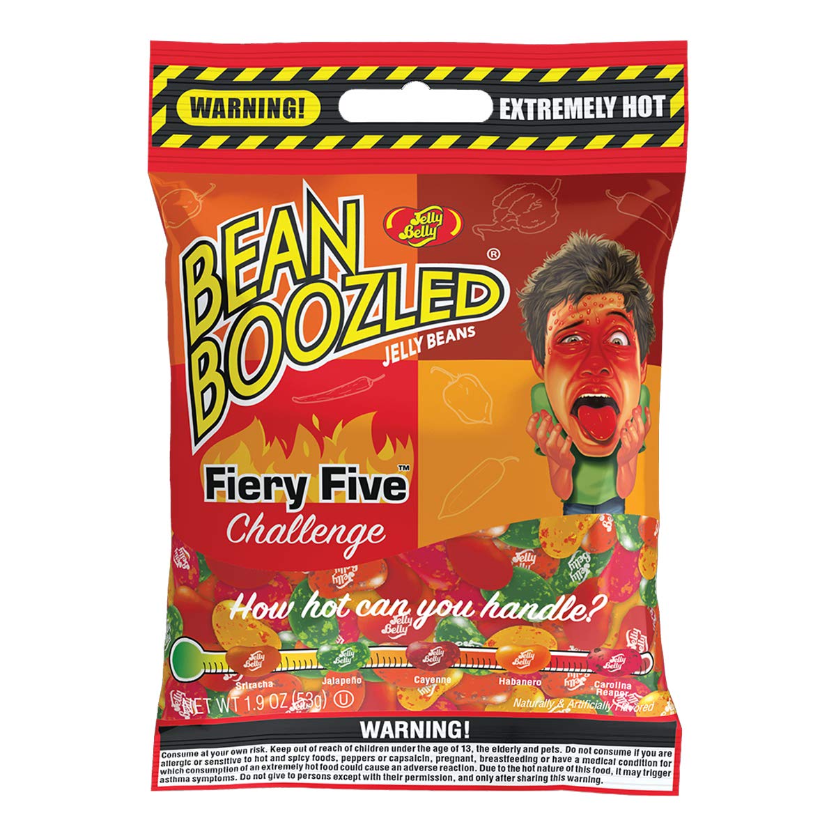 Jelly Belly BeanBoozled Fiery Five bag front showcases bold branding and the spicy challenge vibe.