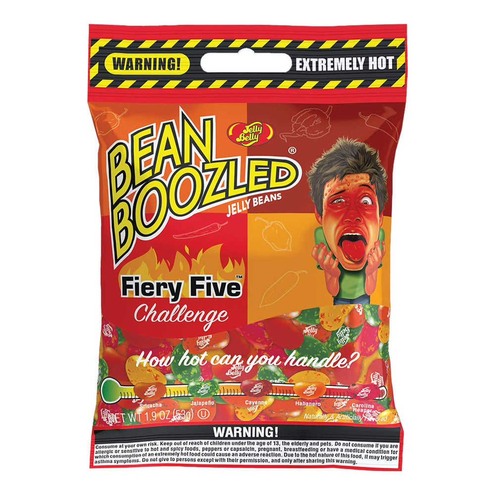 Jelly Belly BeanBoozled Fiery Five bag front showcases bold branding and the spicy challenge vibe.