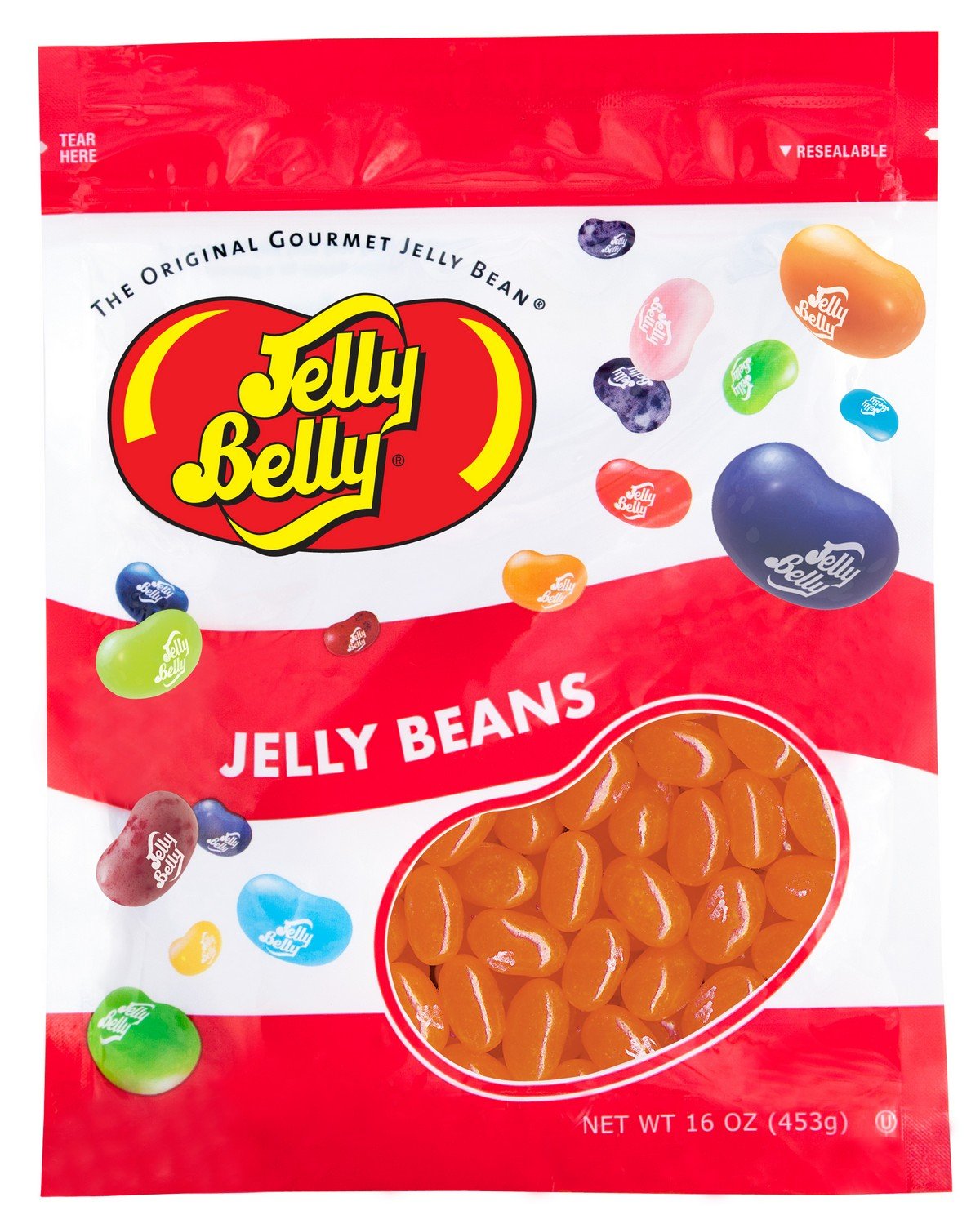 Jelly Belly Sunkist Orange beans close-up with vibrant color and real orange juice flavor for snacking.