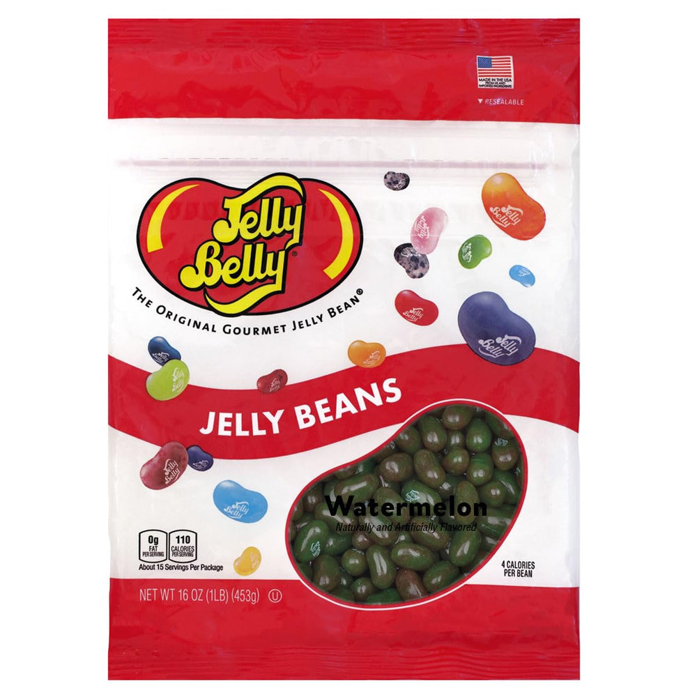 Jelly Belly Watermelon jelly beans in a front-view resealable bag for picnics.
