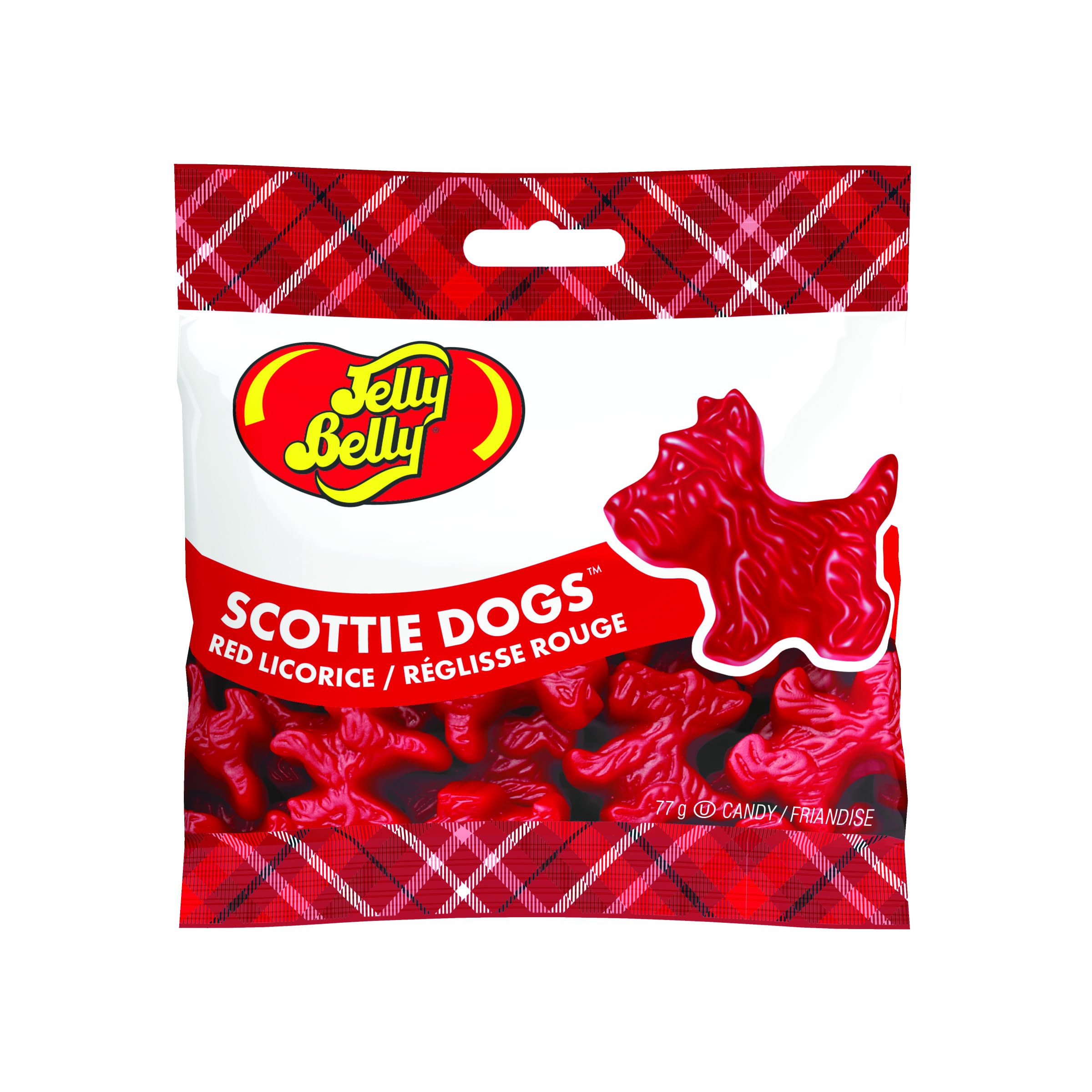 Jelly Belly red licorice Scottie Dogs closeup highlights glossy candies and color