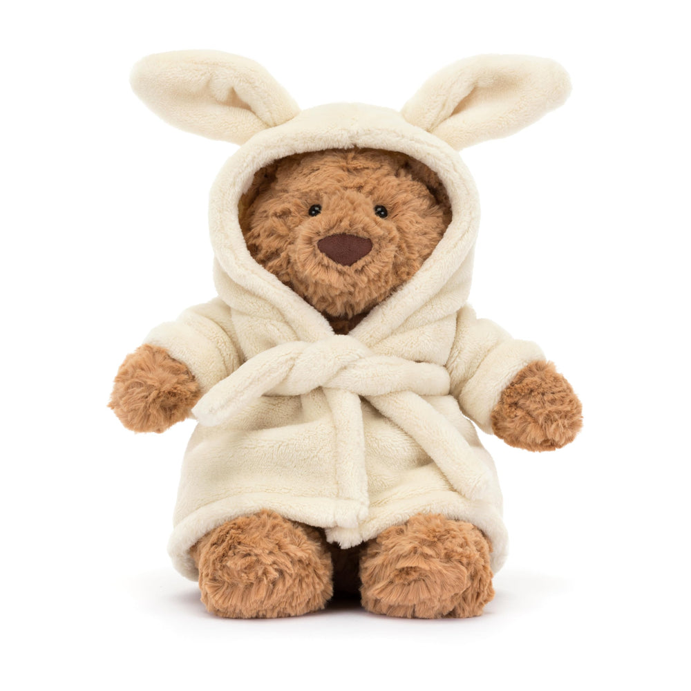 Jellycat Bartholomew Bear stands 10 inches tall for portable cuddles.