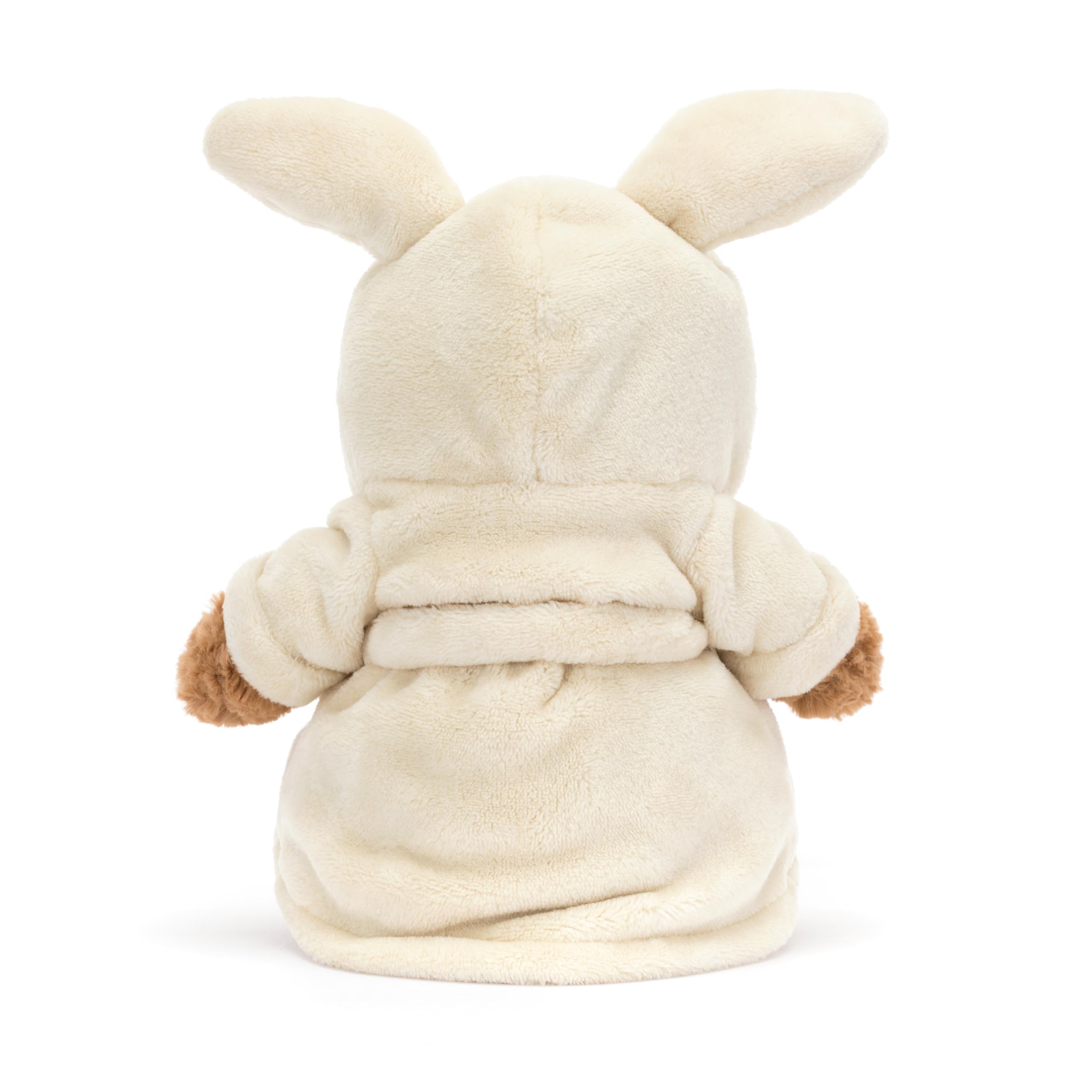 Bartholomew Bear wearing vanilla fleece bathrobe for bedtime comfort.