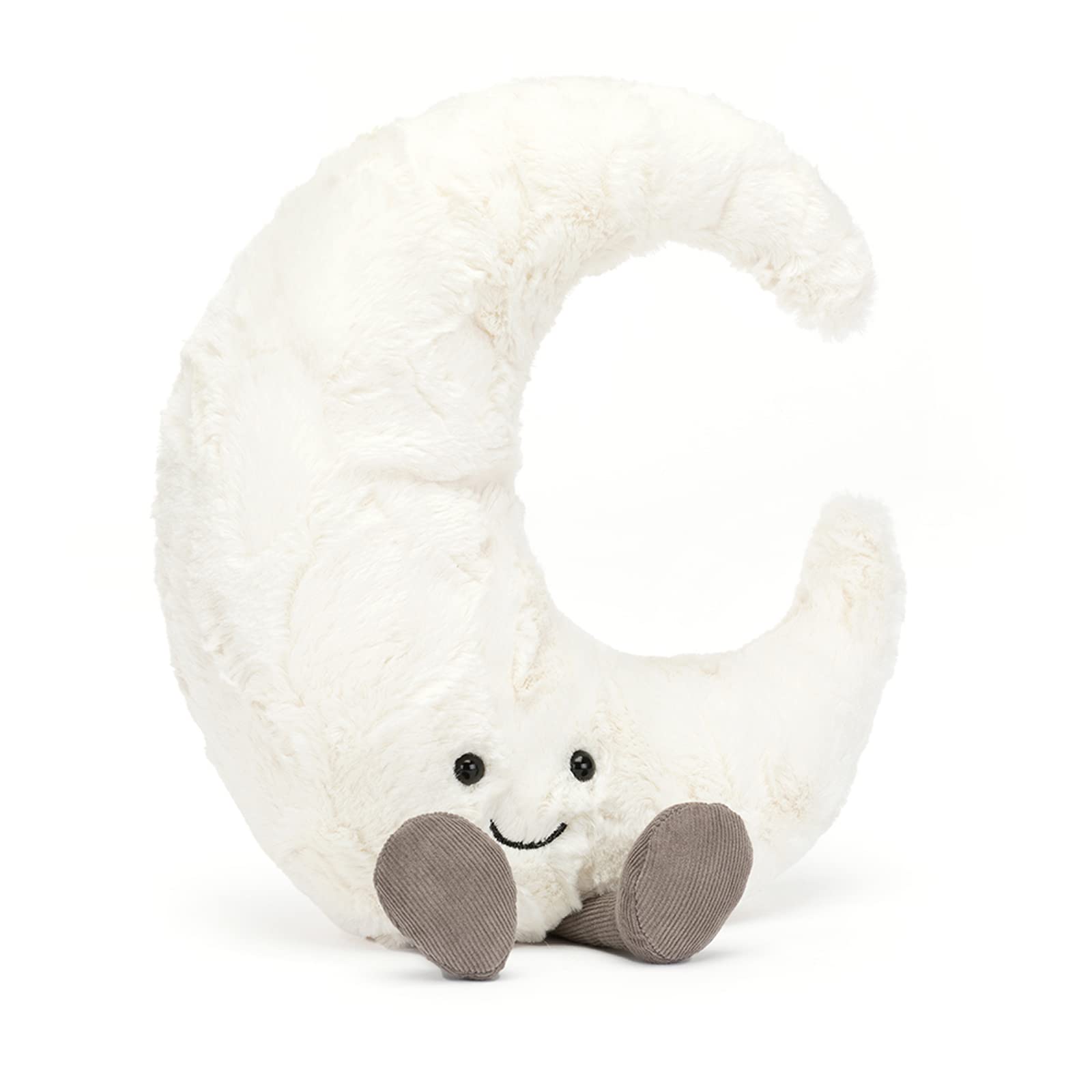 Jellycat Amuseables Moon plush with pearl fur detail for cozy bedtime hugs.