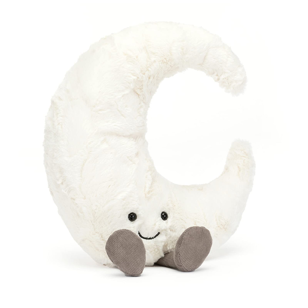 Jellycat Amuseables Moon plush with pearl fur detail for cozy bedtime hugs.