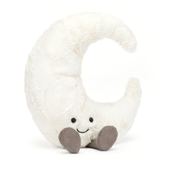 Jellycat Amuseables Moon plush with pearl fur detail for cozy bedtime hugs.