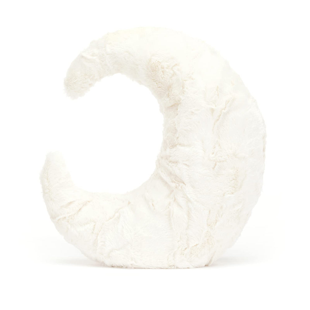Jellycat Moon Amuseables pictured sitting on a bed for bedtime routines.