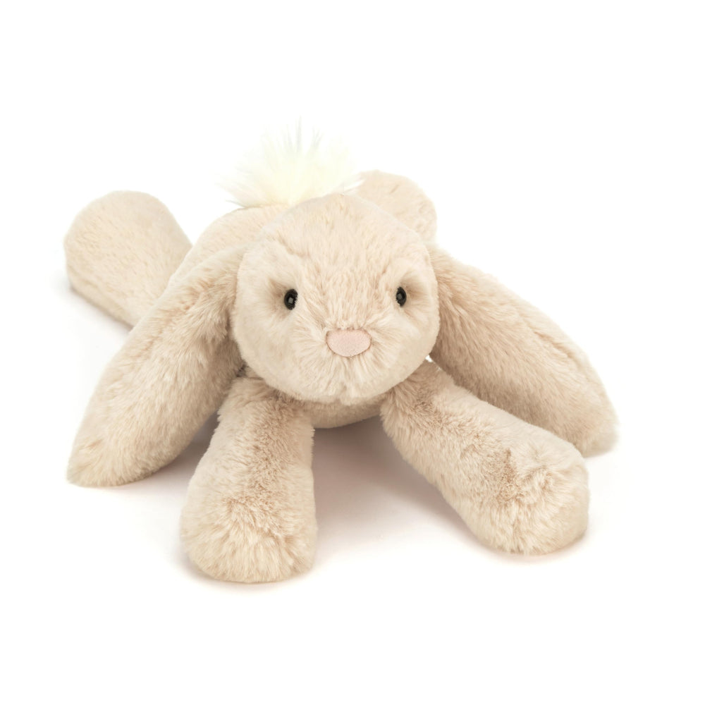 Jellycat Smudge Rabbit's pink suedette nose lends a friendly look for bedtime stories.