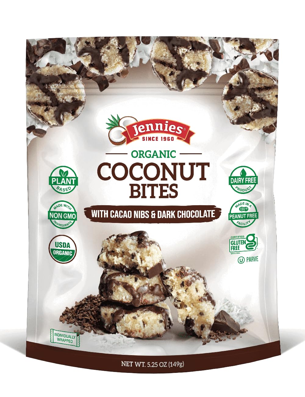Jennies coconut bites cacao nibs dark chocolate – rich flavor and chewy texture for a snack.