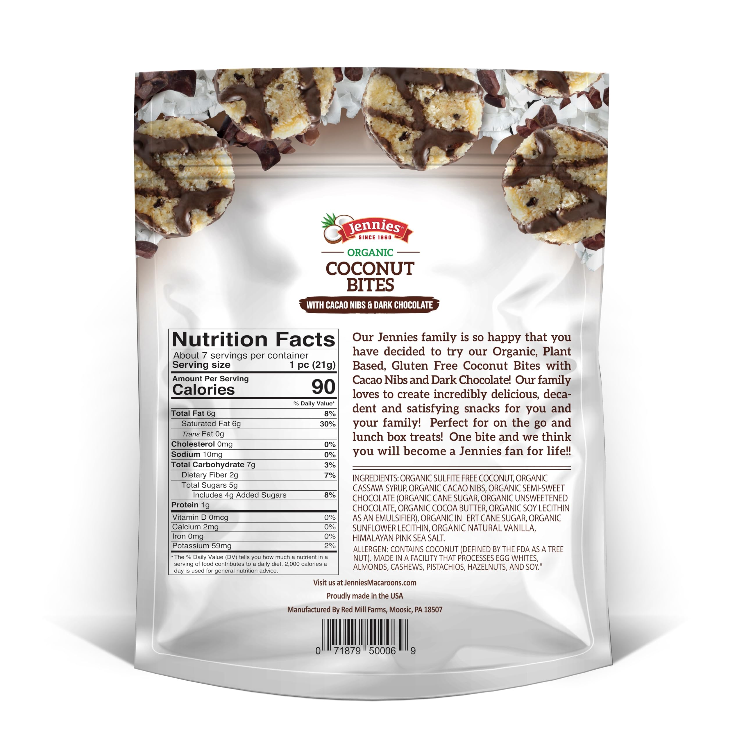 Jennies coconut bites with goji and cranberries – fruity brightness amid chewy coconut and chocolate.