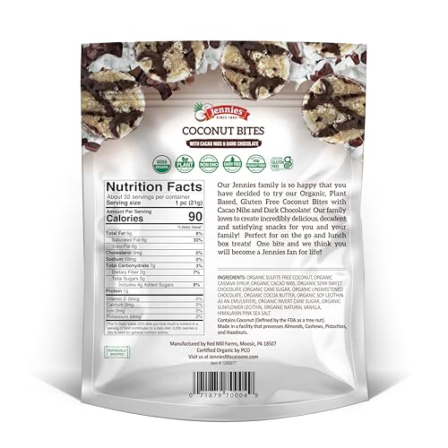 Jennies coconut cacao nibs close-up texture, crunchy, satisfying bite.