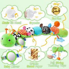 JENTXON Caterpillar with rattle provides gentle auditory cues for early learning.