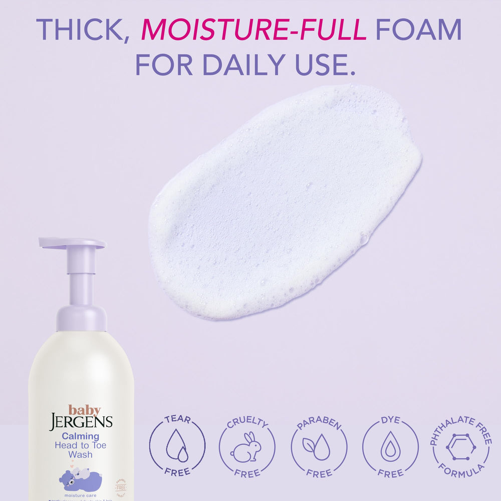 Jergens Baby Calming Foaming Wash foam close-up illustrating tear-free bath texture