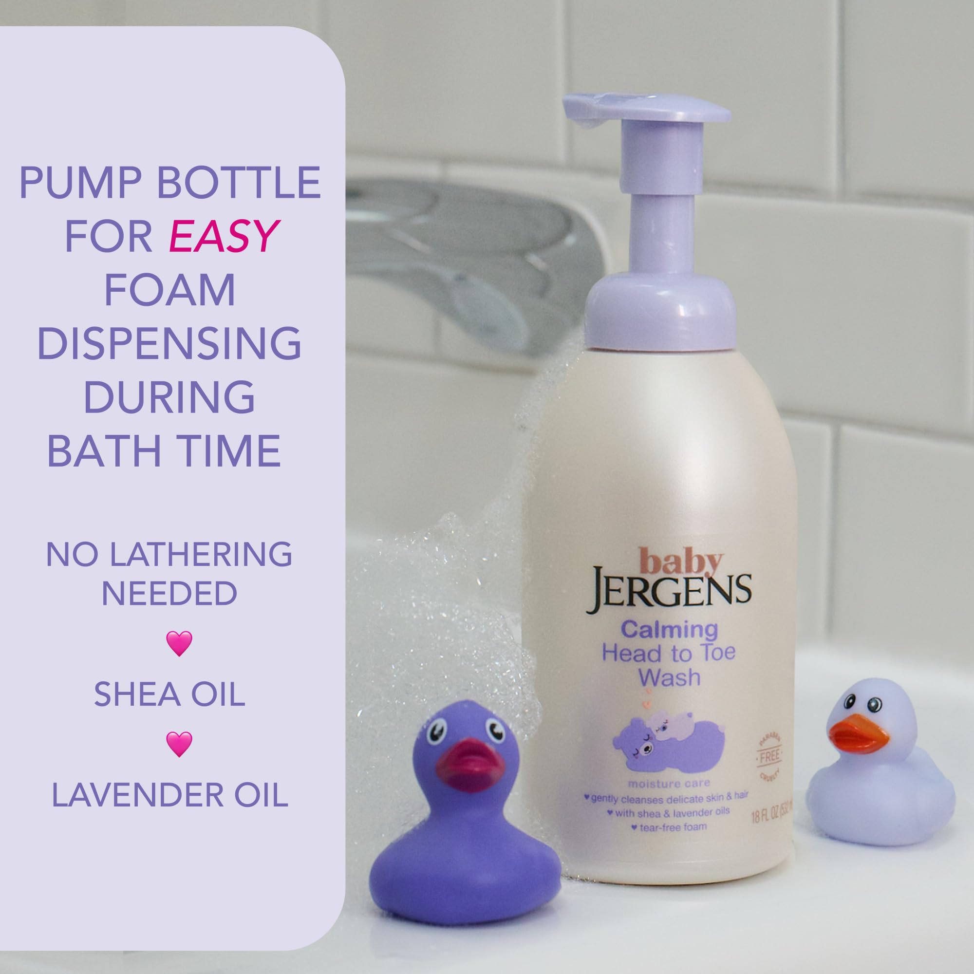 Jergens Baby Calming Wash rich foam during bath demonstrates gentle cleansing