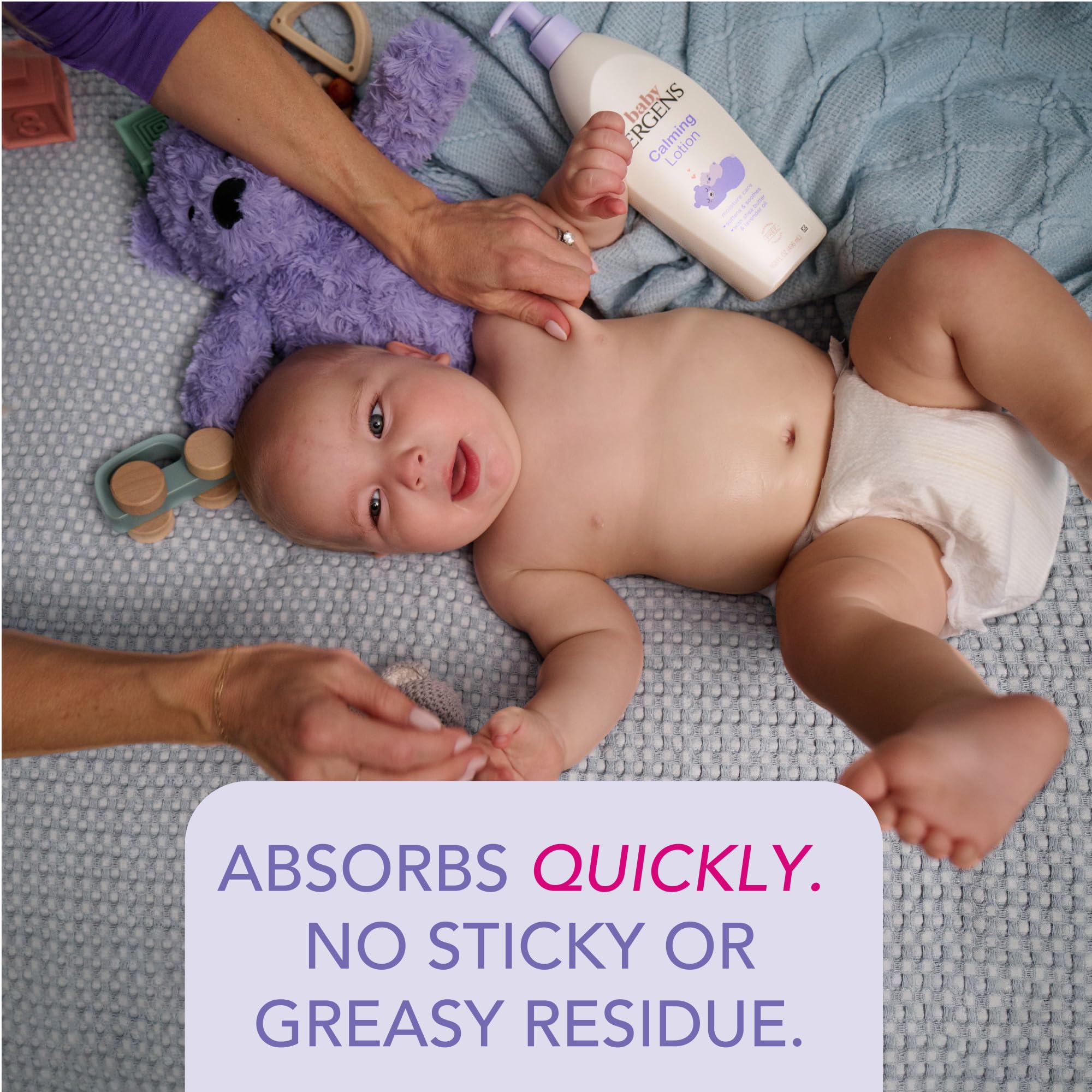 Jergens Baby Calming Lotion bottle front shows lavender and shea butter for gentle moisture.