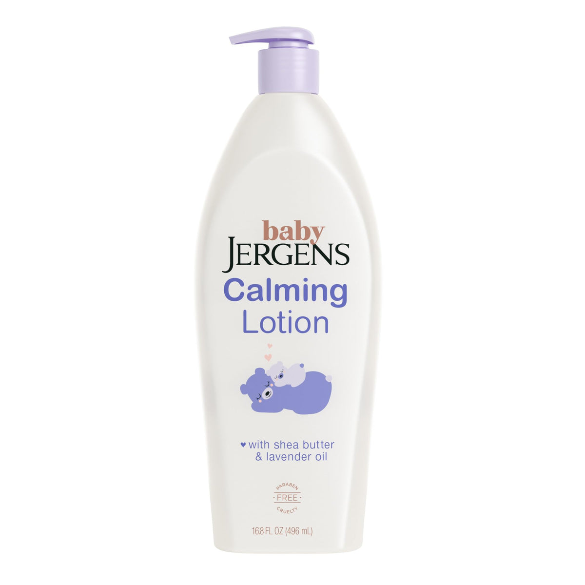 Jergens Baby Calming Lotion bottle side view highlights hydrating, non-greasy formula.