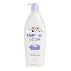 Jergens Baby Calming Lotion bottle side view highlights hydrating, non-greasy formula.