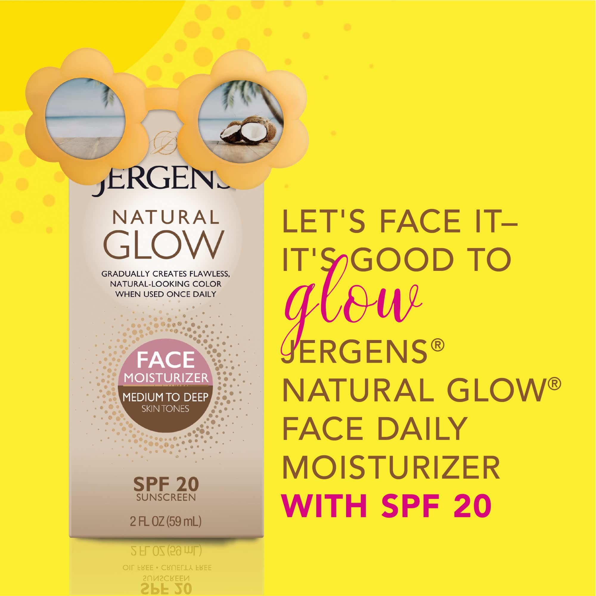 Jergens broad-spectrum SPF20 protection bottle highlighting UVA and UVB coverage