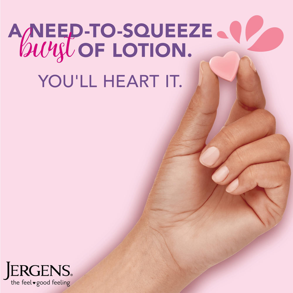 Jergens Cherry Almond Burst squish action highlights quick hydration for busy days