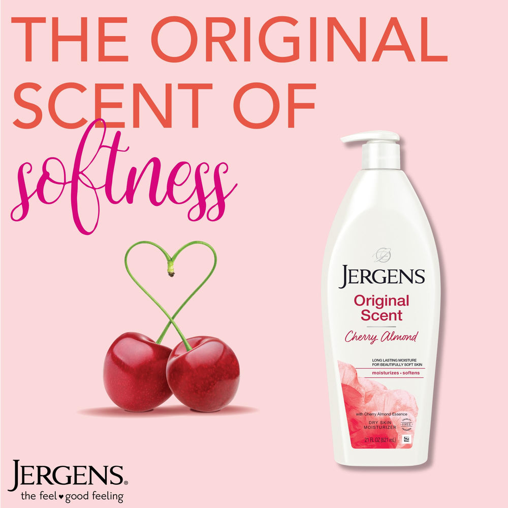 Jergens Cherry Almond Essence lotion pump application suggests easy daily moisturization.