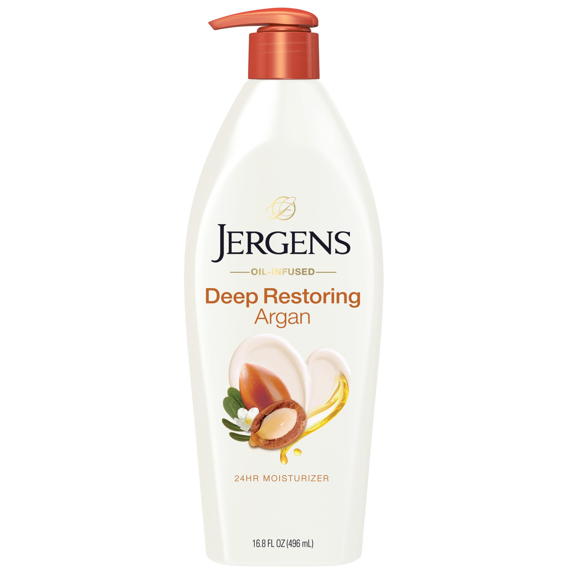 Jergens Deep Restoring Argan Oil Moisturizer bottle delivers rich daily hydration.