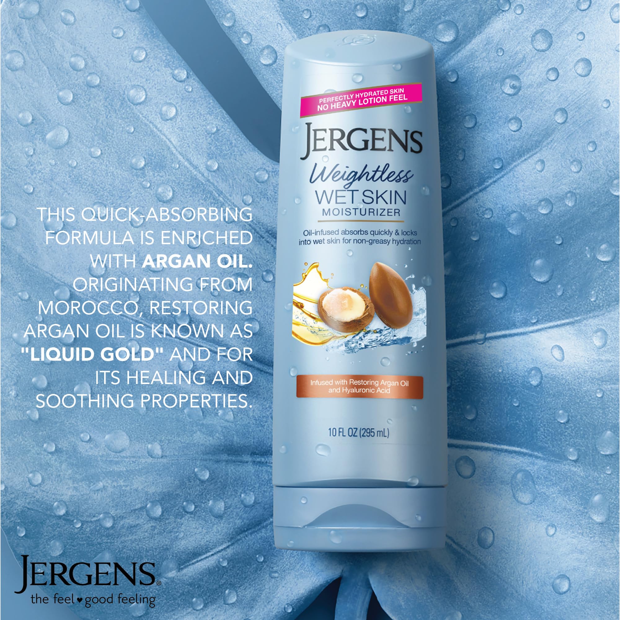 Hands massaging Jergens on wet skin during shower session.