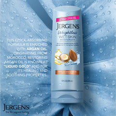 Hands massaging Jergens on wet skin during shower session.