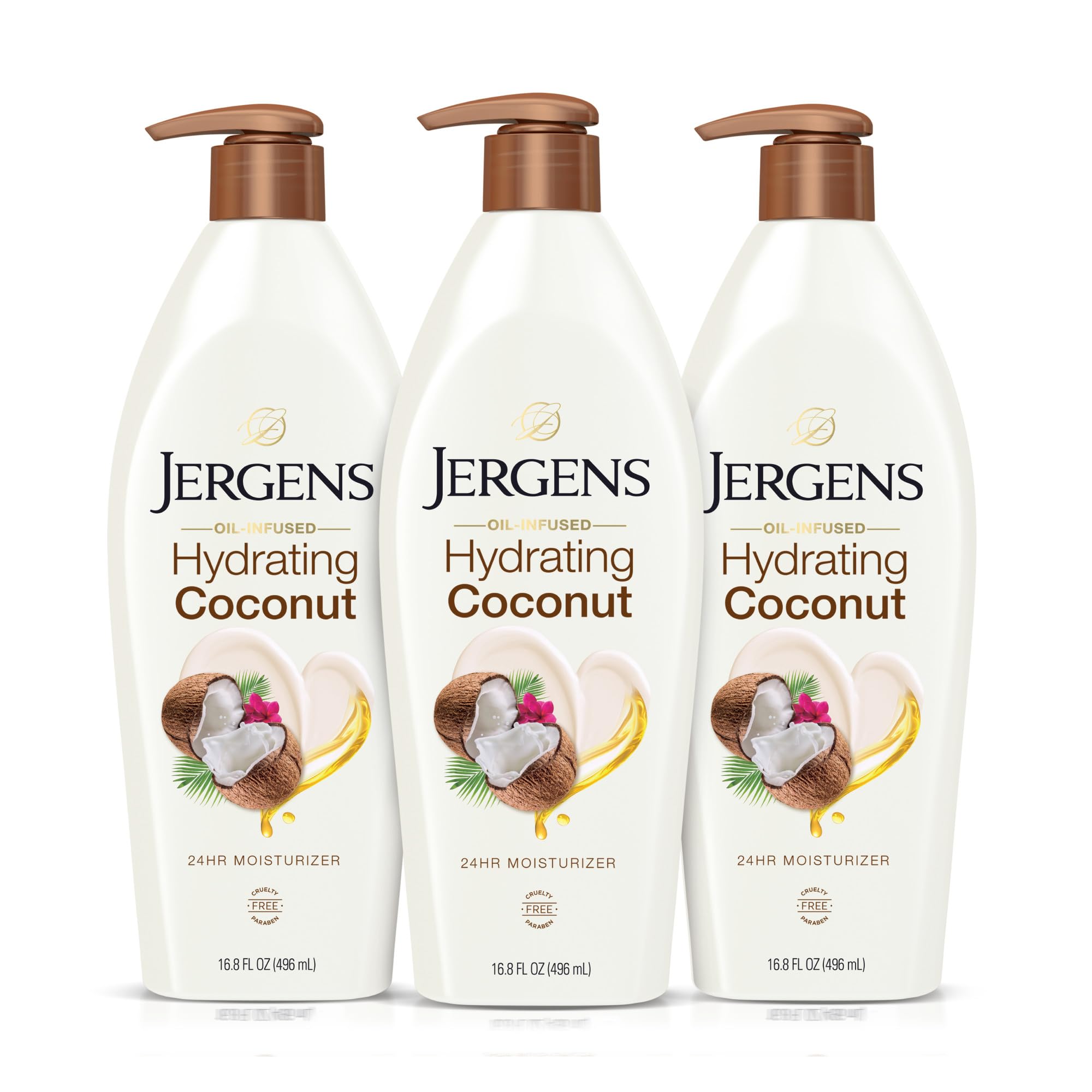 Jergens Hydrating Coconut Lotion bottle front view for smooth skin hydration.