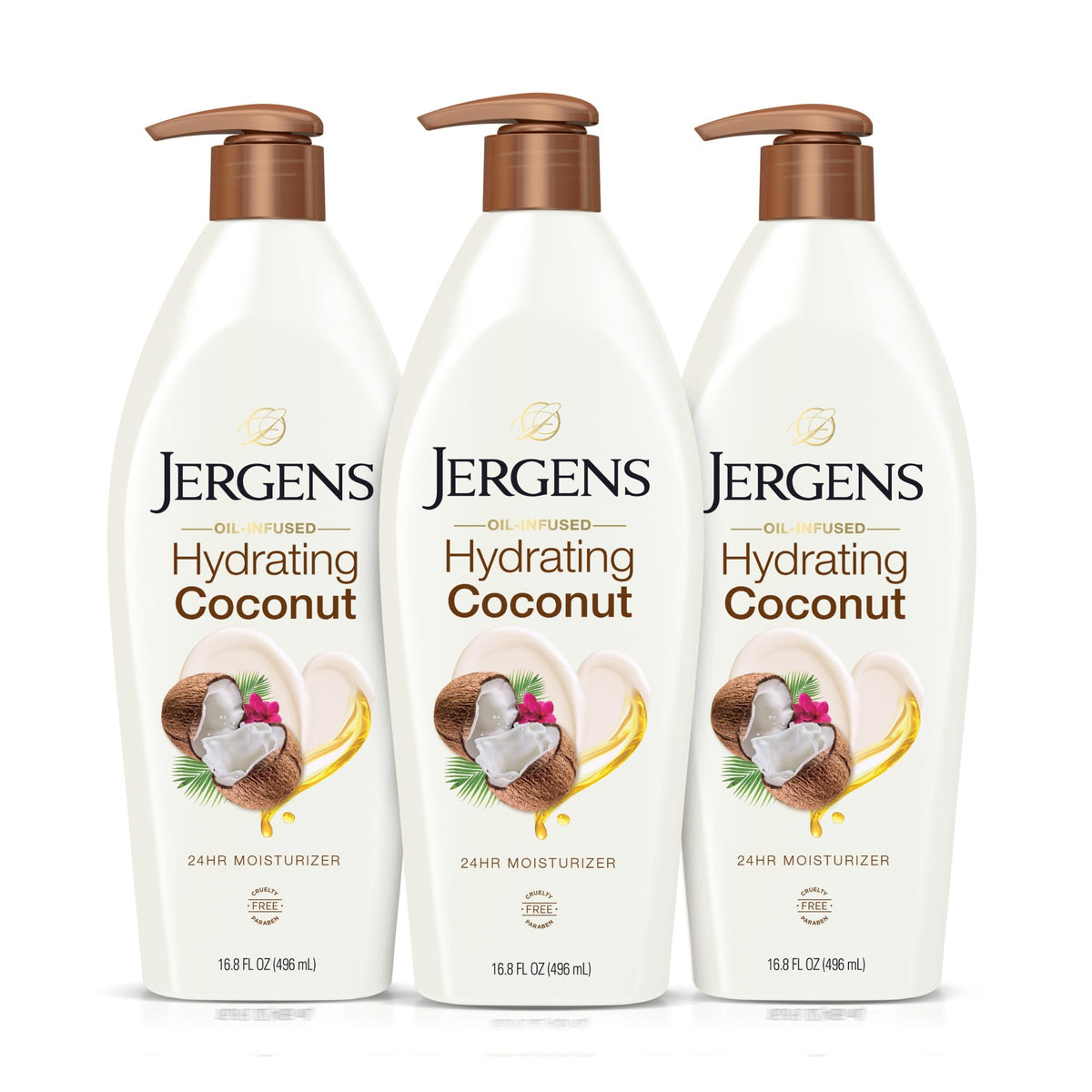 Jergens Hydrating Coconut Lotion bottle front view for smooth skin hydration.