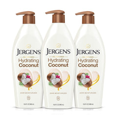 Jergens Hydrating Coconut Lotion bottle front view for smooth skin hydration.