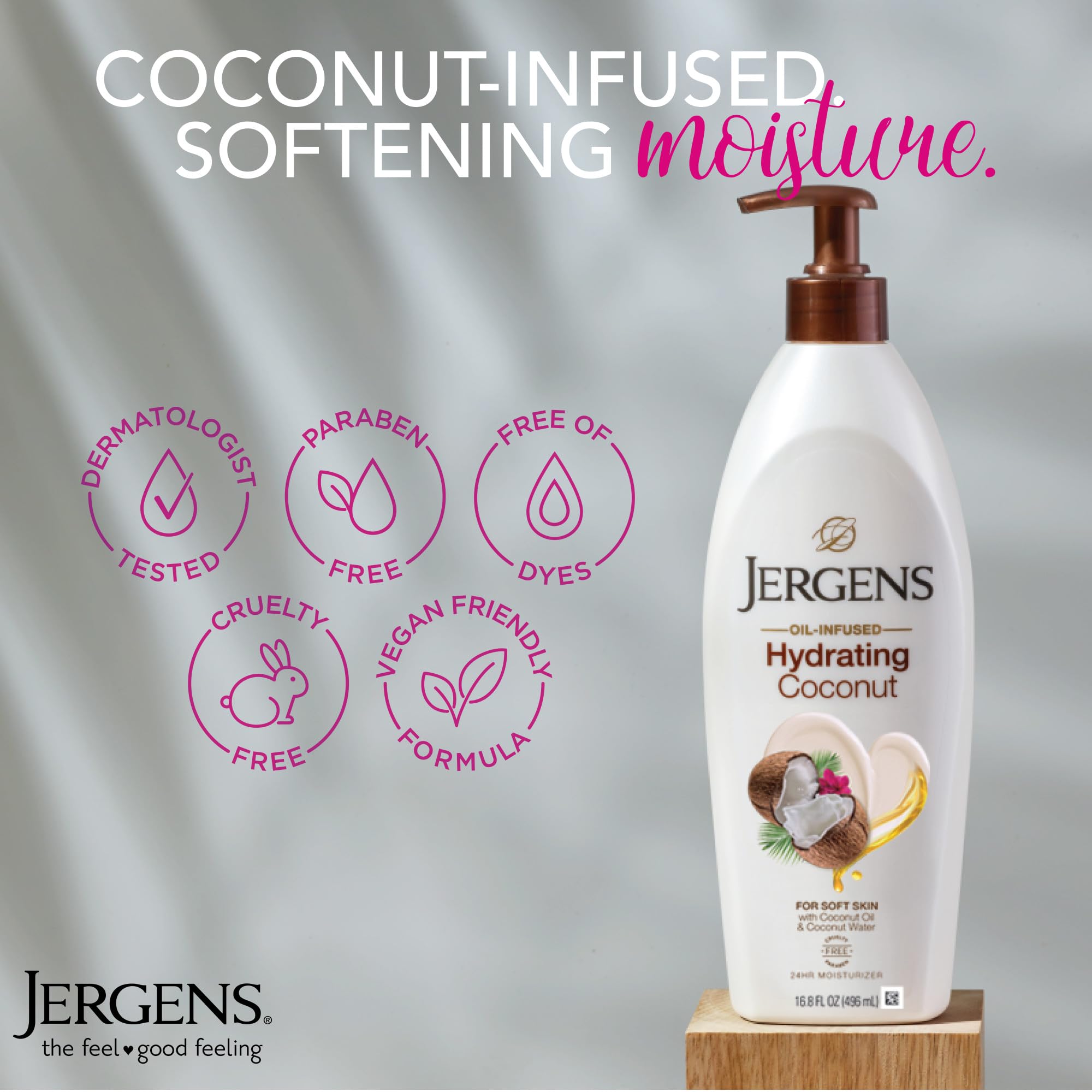 Jergens Hydrating Coconut body lotion swirl emphasizes smooth, hydrated skin.