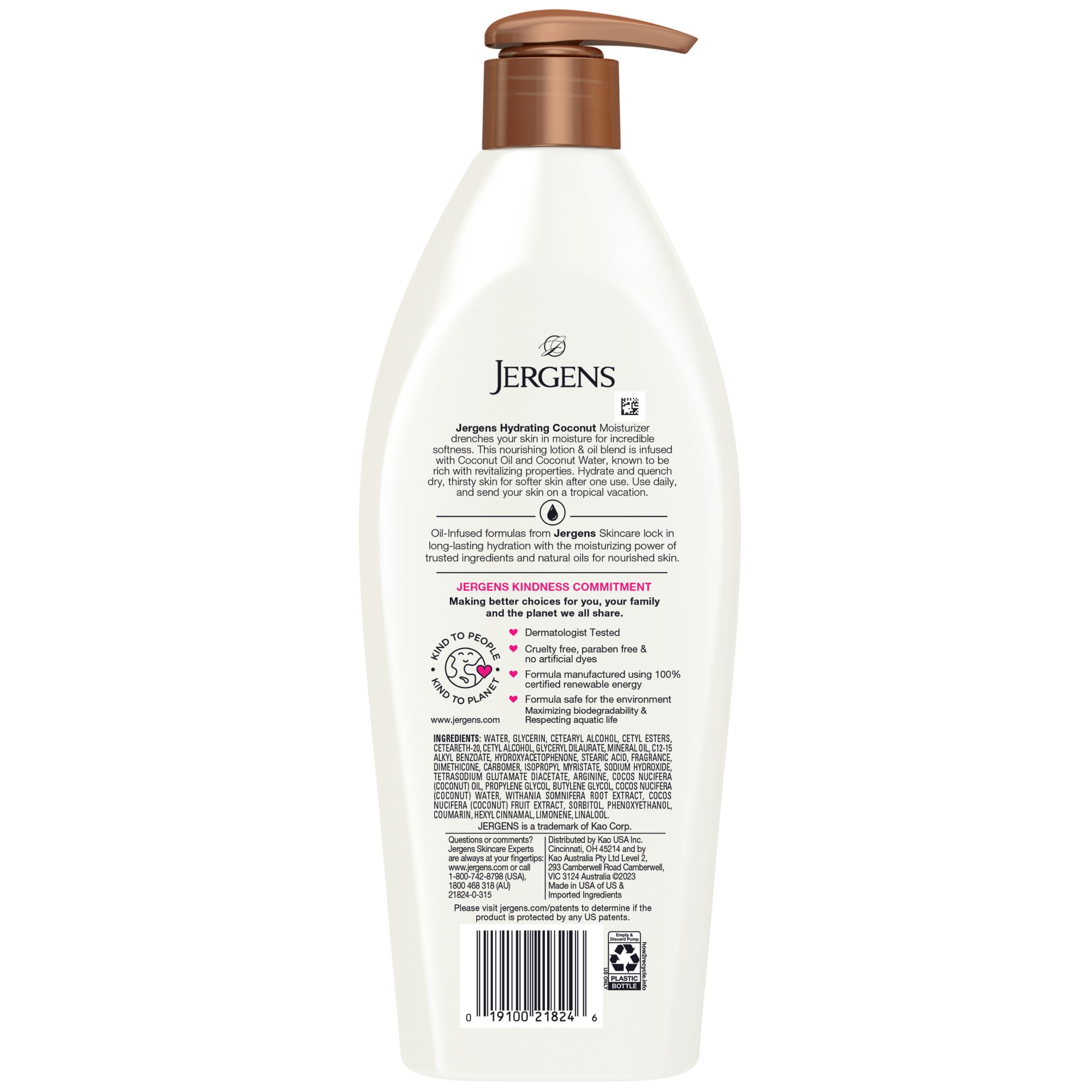 Jergens Hydrating Coconut dermatologist-tested label supports trusted skincare.