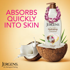 Jergens Hydrating Coconut lotion being rubbed in for fast absorption.